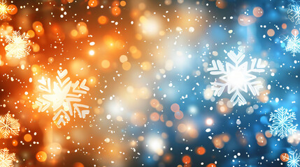 Poster - Festive christmas backdrop with falling snowflakes on a blurred blue and orange bokeh background