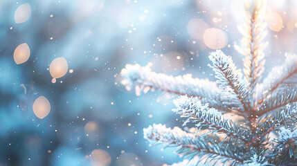 Poster - Glistening snowy pine branch creates a magical winter scene with serene atmosphere and holiday spirit against blurred background