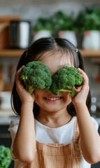 Sticker - A young girl smiles while holding broccoli in front of her eyes. AI.