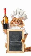 Poster - Cat in a chef's hat holding a bottle of wine. AI.