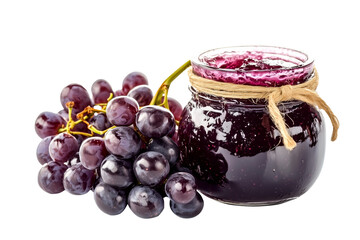 Wall Mural - Closeup of jar of grape jam with a bunch of fresh grapes isolated on white transparent background. Concept of homemade preserves and fruit