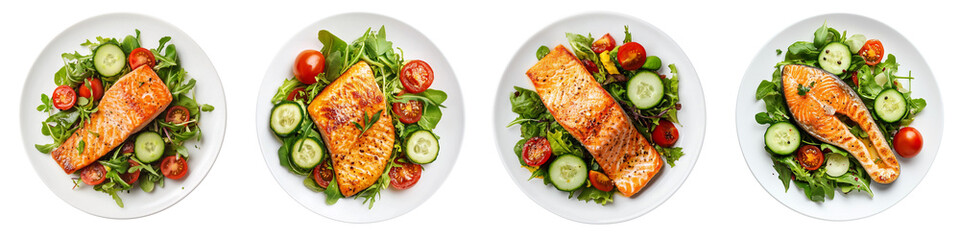 Set of a fried salmon fillet with salad, isolated on a transparent background.