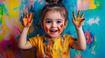 A joyful young girl with paint-covered hands smiles brightly, her face and shirt splattered with vibrant colors. The lively background mirrors her creative energy, filled with vivid, abstract brushstr