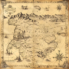 Antique medieval map engraving depicting landscapes, castles, and towns from a historical region with mountainous terrain