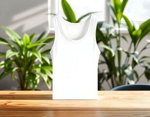 A blank tank top mockup placed on a wooden table with natural grain, soft shadows cast by overhead lighting, surrounded by green plants in the background create with ai