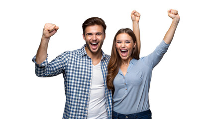 excited couple celebrating success with raised fists