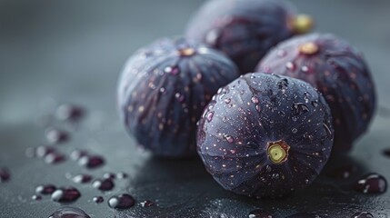 Fresh figs with water droplets, one fig is cut open to show the vivid red flesh