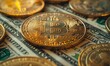© Andreas - Golden bitcoin lies on dollar bills, demonstrating the value of digital currency.