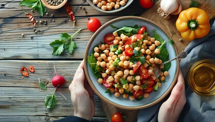 Concept of healthy eating. Nutritious chickpea and vegetable salad served on a wooden table