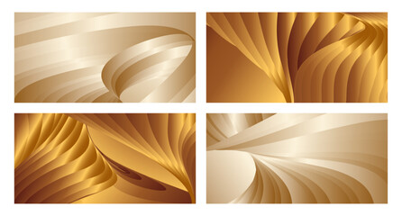 Wavy golden parallel gradient lines, ribbons, silk. Golden with shades of yellow background, banner, poster. Set of 4 backgrounds. Eps vector