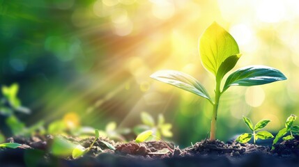 A fresh and vibrant young plant background with a close-up of a sprouting seedling, bright green leaves reaching towards the sunlight, and a soft-focus background highlighting the growth and potential