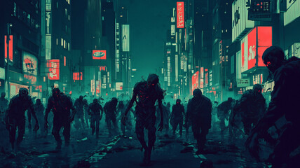 Wall Mural - A horde of decaying zombies wander through a deserted city at night