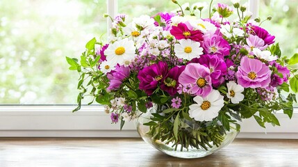 Sticker -  A vase brimming with vibrant purple and white blossoms rests atop a wooden table, adjacent to a sunlit windowsill