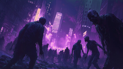 Wall Mural - A horde of decaying zombies wander through a deserted city at night