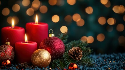 Poster -   Three red candles in a row atop blue and gold decorations