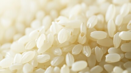 Close-up of sushi rice grains tightly packed together on a white background, focusing on their short, round shape and stickiness, no people.