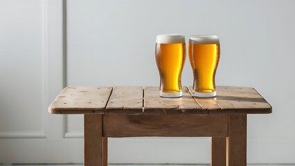 Two glasses of beers on a wooden table. Isolated on a white background.