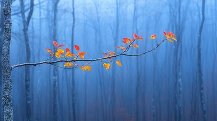 Poster -   A yellow and red leafed branch in front of a blue, tall, thin tree-filled forest