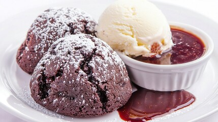   A white plate holds two chocolate cookies and an ice cream scoop, beside a bowl of ice cream