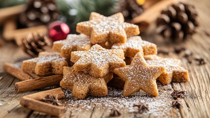 Poster -   A wooden table with cookies, cinnamon sticks, and a Christmas tree