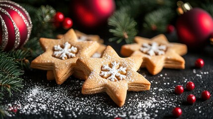 Poster -   Group of star-shaped cookies on a table with Christmas ornaments