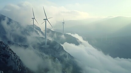 Wind turbines standing tall on a misty ridge, their blades turning gracefully against a backdrop of dense clouds rolling over rugged mountains