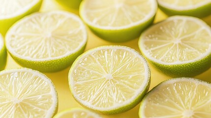 Sticker -   A cluster of cut limes positioned on a yellow background, with one slice cut in half and the other divided similarly