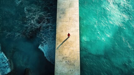 Person Walking on a Stone Path Dividing Two Different Shades of Ocean Water