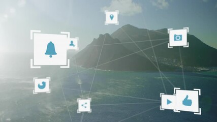 Poster - Icons and network connections animation over coastal landscape with mountains