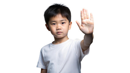 Wall Mural - young boy holds up hand in stop gesture