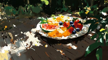 Sticker -   A painting depicts a plate of fruit resting on a table amidst a leafy green bush in the foreground