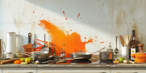 A disarray of cooking utensils and ingredients on the counter, with a single splash of bright orange paint on the wall behind. For an artistic chef's kitchen.