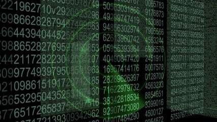 Binary numbers and digital eye animation over green matrix background