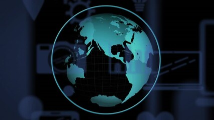 Poster - Rotating globe animation over technology icons and symbols background