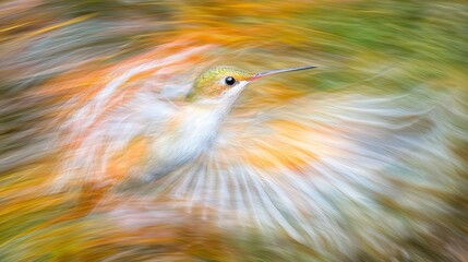 Wall Mural -   Blurry photo of a hummingbird flying in mid-air with its wings fully extended