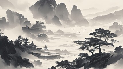 Wall Mural - Serene Japanese ink landscape with misty mountains, ancient temples, and flowing rivers beneath a cloudy sky, capturing the essence of tranquility and timeless beauty