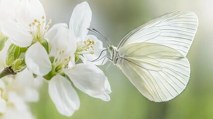 Sticker -   White butterfly on white flower, near green & white plant with white foreground flowers