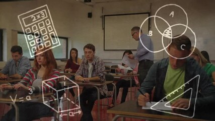 Poster - Mathematical equations and diagrams animation over students studying in classroom