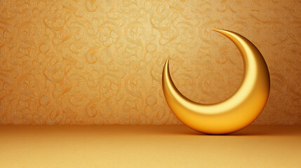 Poster - A stylish golden background with swirling Islamic designs and a glowing crescent moon symbolizing Ramadan serenity and celebration 