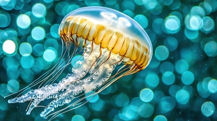 Sticker -   A macro shot of a jellyfish submerged in water with numerous bubble formations atop its dome-like head