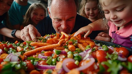 Wall Mural -   A group of children and an older man gaze at a platter containing carrots and onions