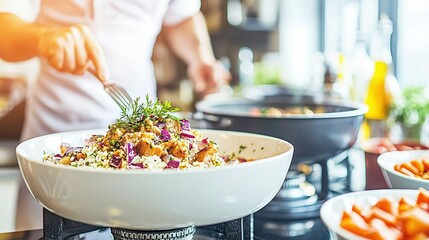   A close-up of a bowl of food on a table with other plates and bowls of food nearby