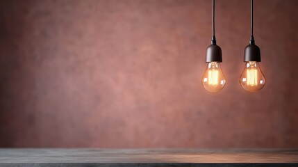 This image depicts two incandescent light bulbs hanging against a brown textured backdrop, their warm light creating a cozy and inviting ambiance in the space.