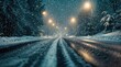 © Olha Koval - Snowy road between trees with street lighting. Snowfall on the road.