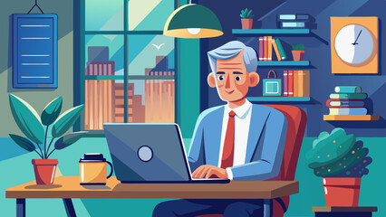 Wall Mural - Middle-aged man working on laptop in office