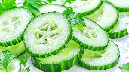 Poster -   A close-up image of cucumbers on a plate, topped with freshly chopped parsley