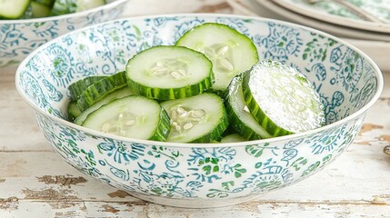 Wall Mural -   A bowl overflowing with cucumber slices rests on a wooden table beside a platter of sustenance