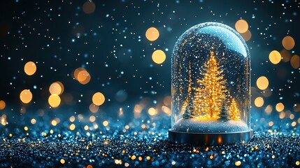 Poster -   Snow Globe with Christmas Tree, Blue Background, Bokeh Lights