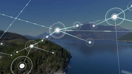 Poster - Network of connections and data processing animation over mountainous landscape with lake