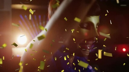 Poster - Confetti animation over person wearing mask and blue feather boa at party